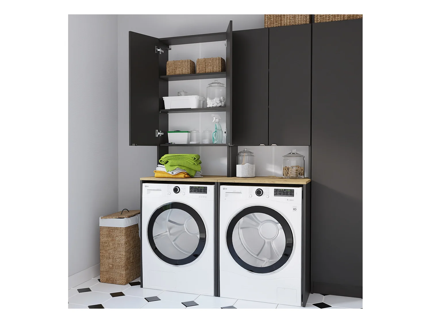 Armoire Haute LORA pour Lave-linge & Sèche-linge - 210x65x56/25 cm - Anthracite/Artisan