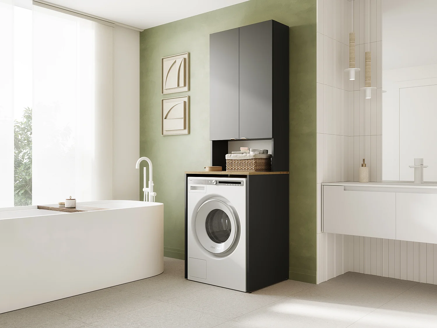 Armoire Haute LORA pour Lave-linge & Sèche-linge - 210x66x56/25 cm - Anthracite/Artisan