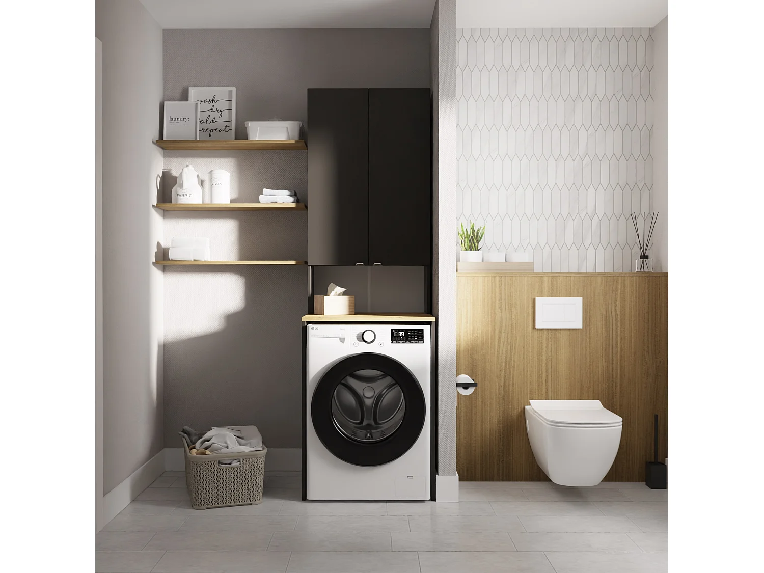 Armoire Haute LORA pour Lave-linge & Sèche-linge - 210x66x56/25 cm - Anthracite/Artisan