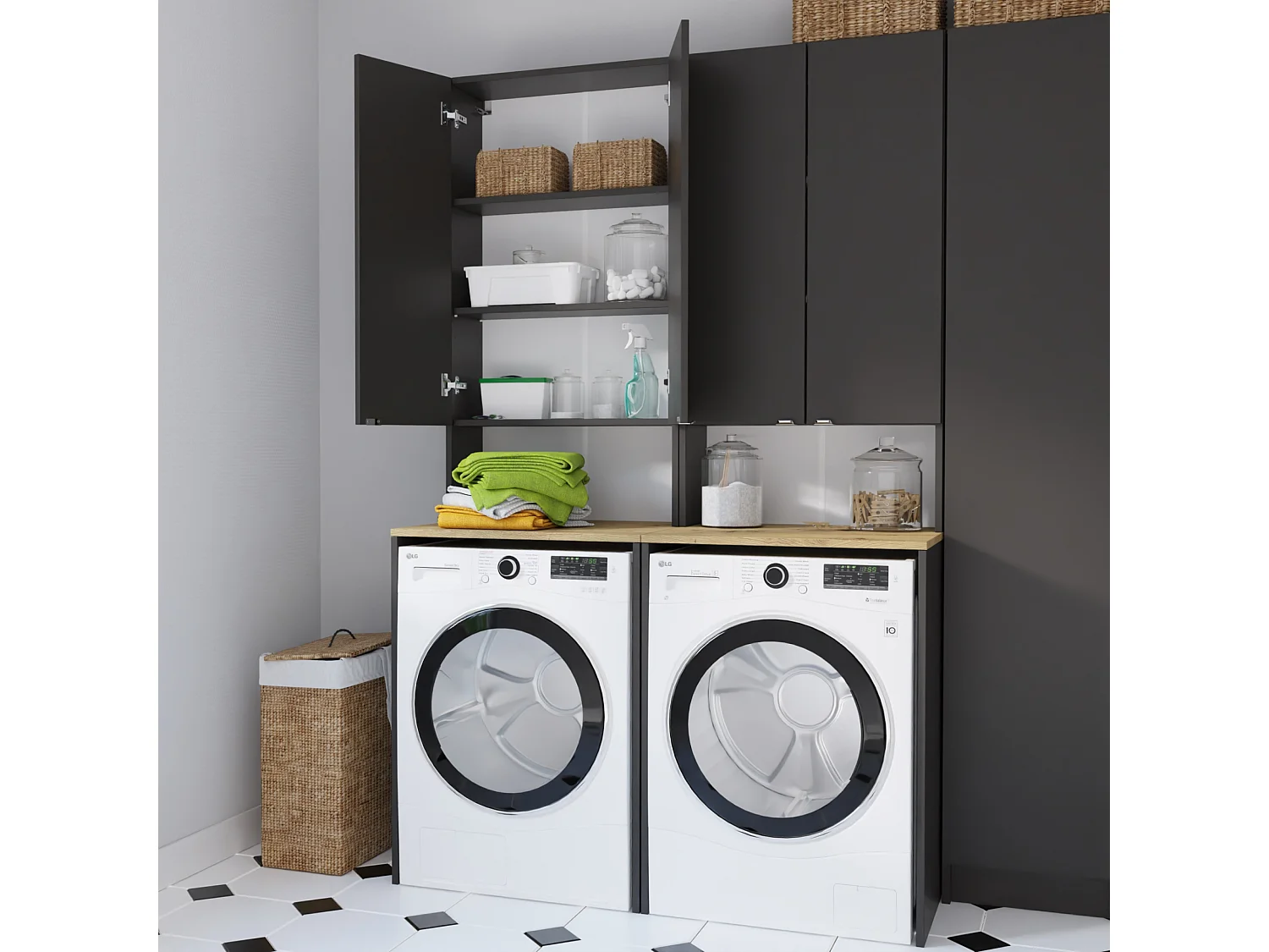 Armoire Haute LORA pour Lave-linge & Sèche-linge - 210x66x56/25 cm - Anthracite/Artisan