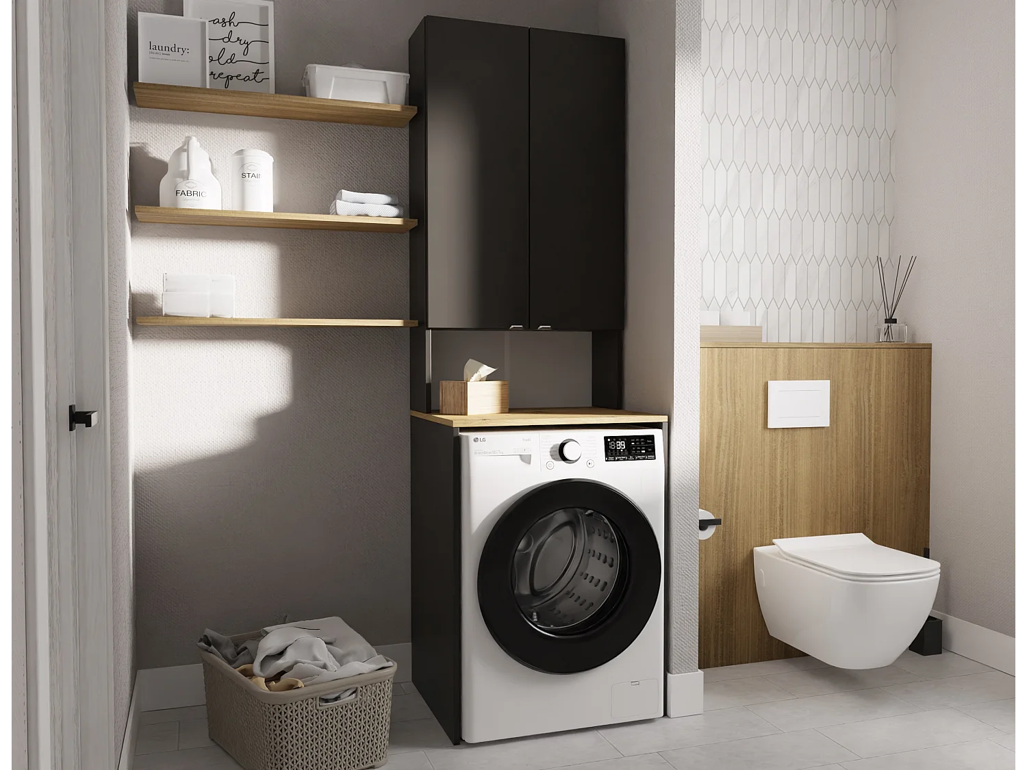 Armoire Haute LORA pour Lave-linge & Sèche-linge - 210x66x56/25 cm - Anthracite/Artisan