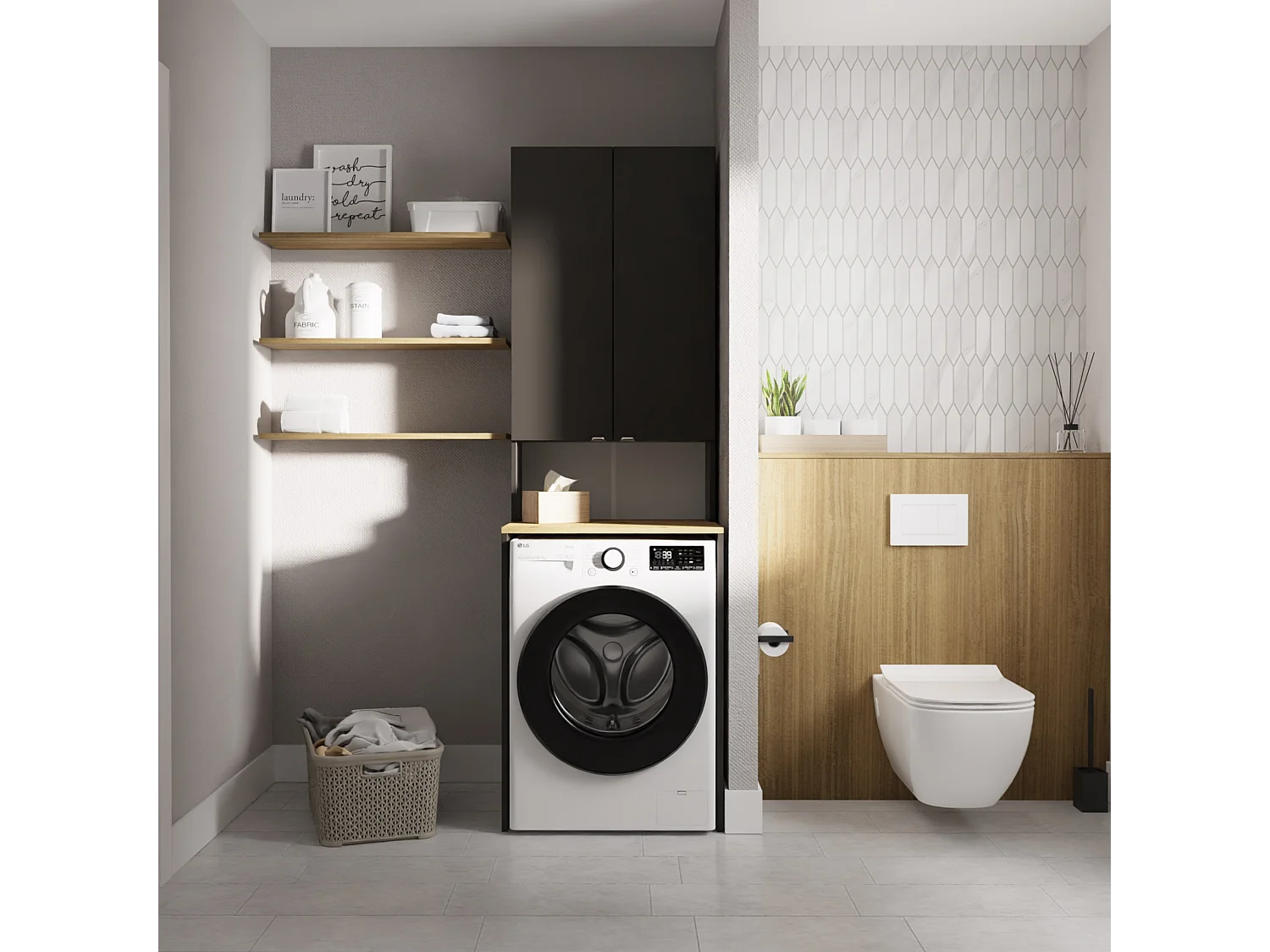 Armoire Haute LORA pour Lave-linge & Sèche-linge - 210x66x56/25 cm - Anthracite/Artisan