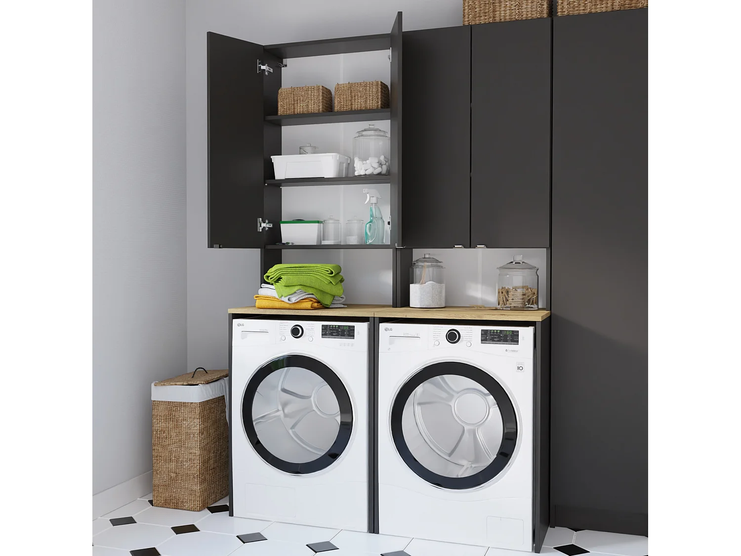 Armoire Haute LORA pour Lave-linge & Sèche-linge - 210x66x56/25 cm - Anthracite/Artisan