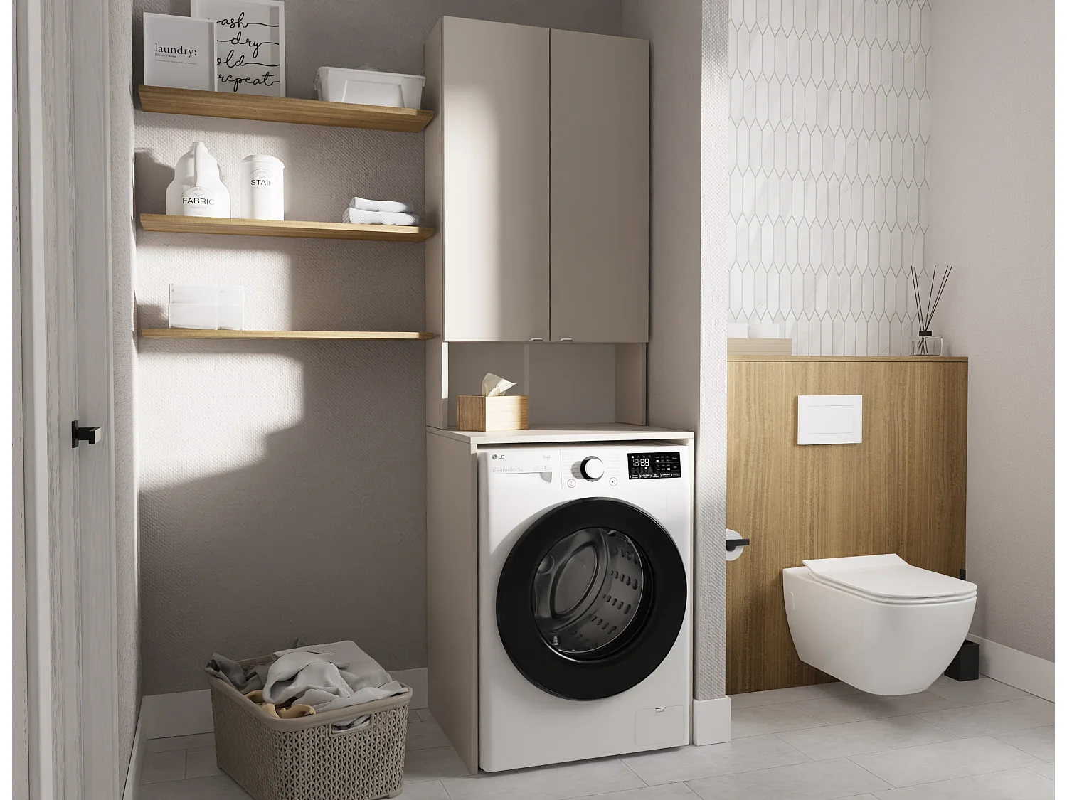 Hoge Kast LORA voor Wasmachine & Droger - 210x65x56/25 cm - Kasjmier Crème