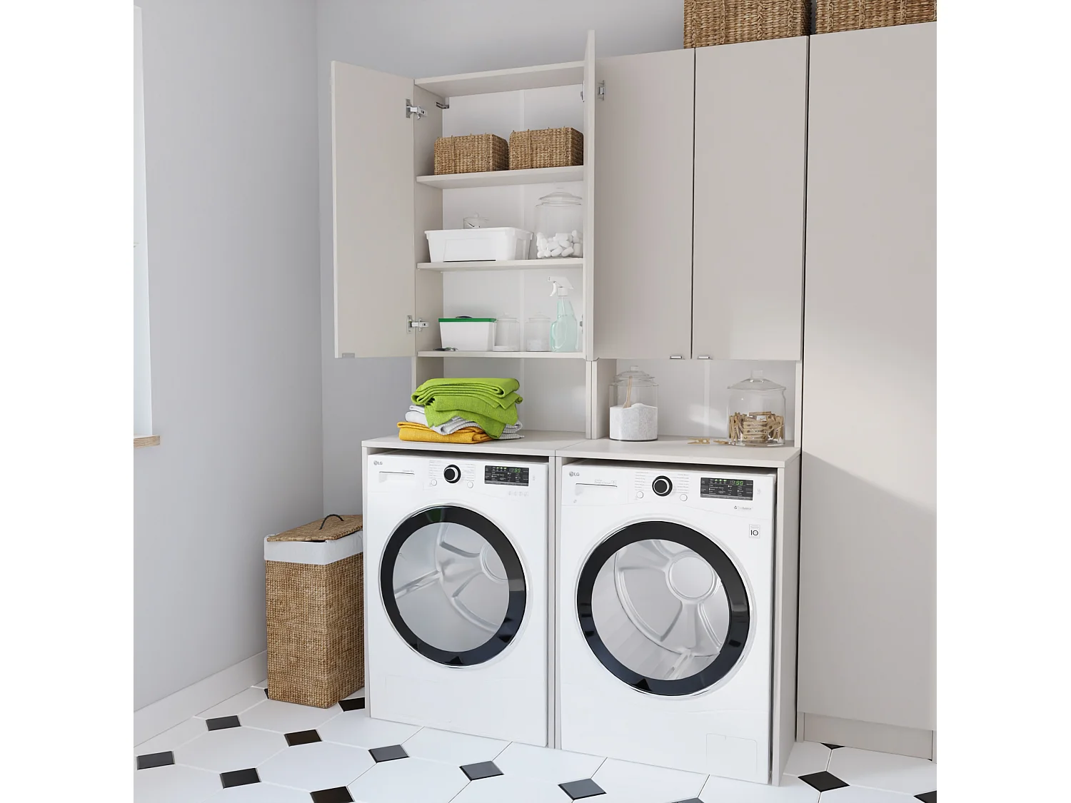 Hoge Kast LORA voor Wasmachine & Droger - 210x65x56/25 cm - Kasjmier Crème