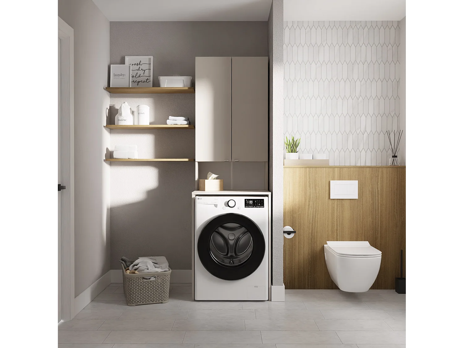 Hoge Kast LORA voor Wasmachine & Droger - 210x65x56/25 cm - Kasjmier Crème