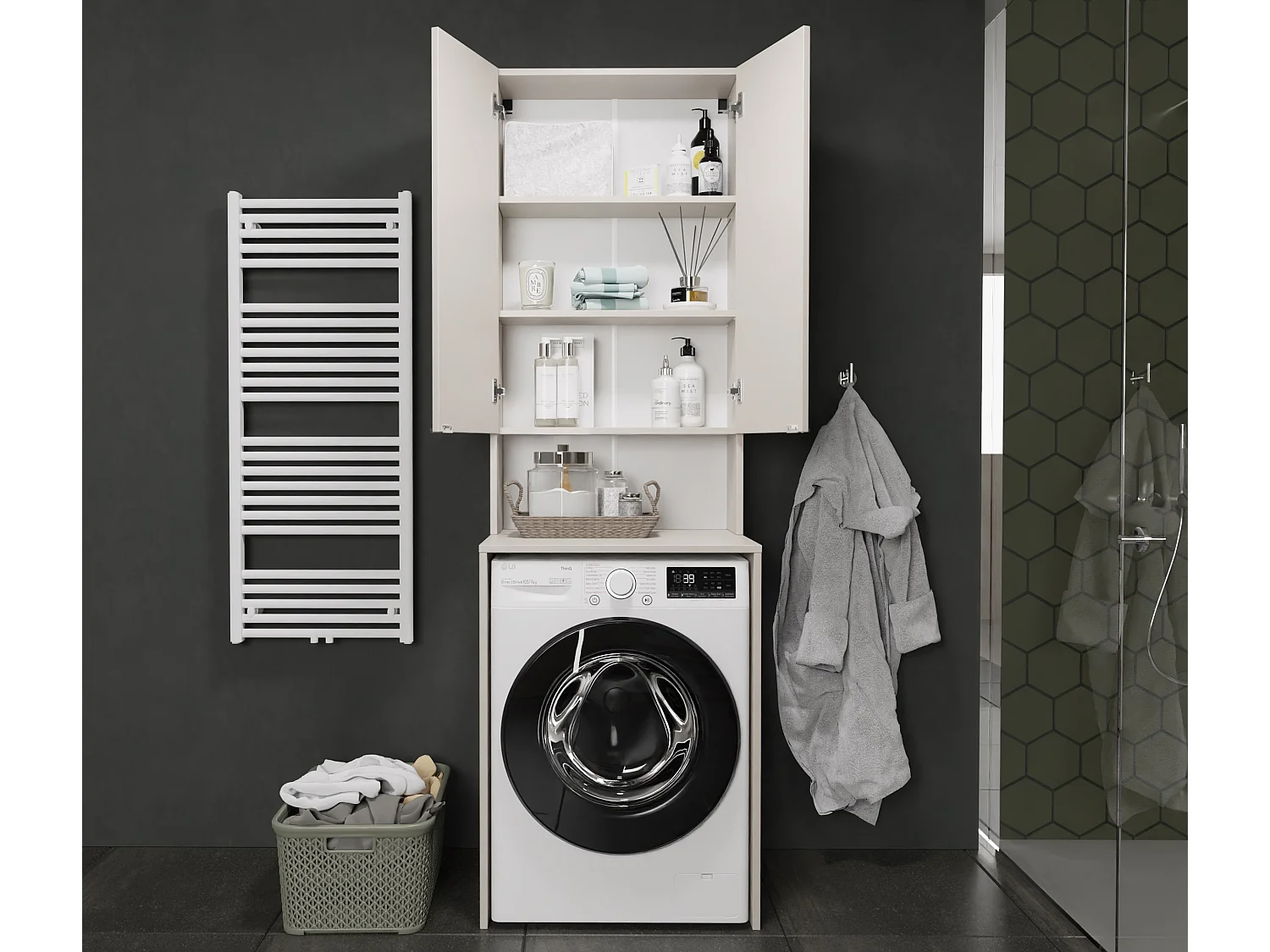 Hoge Kast LORA voor Wasmachine & Droger - 210x65x56/25 cm - Kasjmier Crème