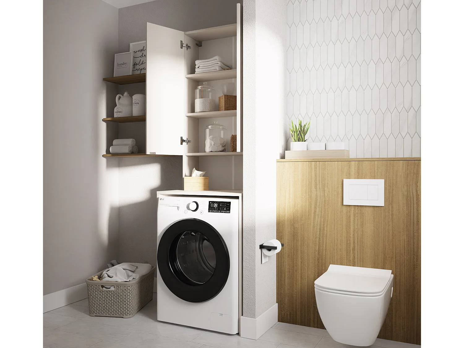 Hoge Kast LORA voor Wasmachine & Droger - 210x65x56/25 cm - Kasjmier Crème