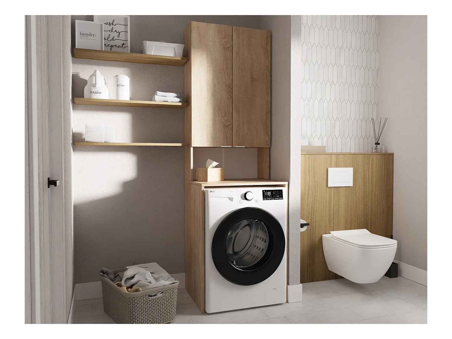 Hoge Kast voor Wasmachine en Droger – 210 x 65 x 56/25 cm – Sonoma Eiken – Diepte: 56 cm