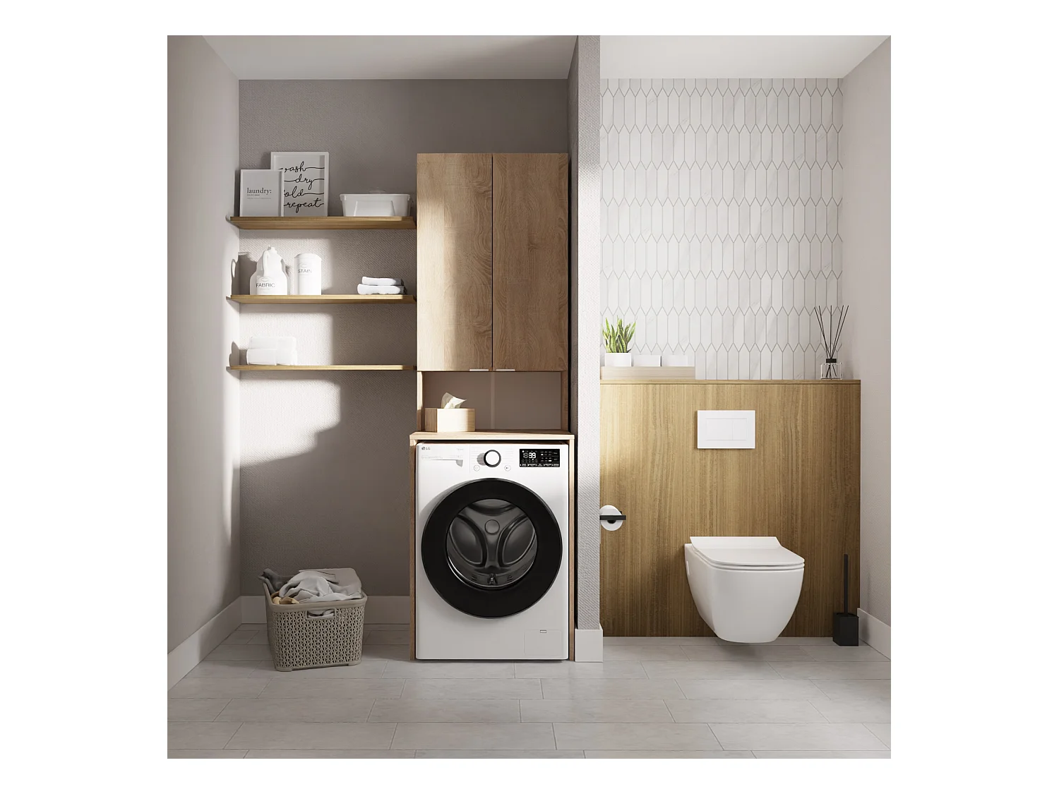 Hoge Kast voor Wasmachine en Droger – 210 x 65 x 56/25 cm – Sonoma Eiken – Diepte: 56 cm