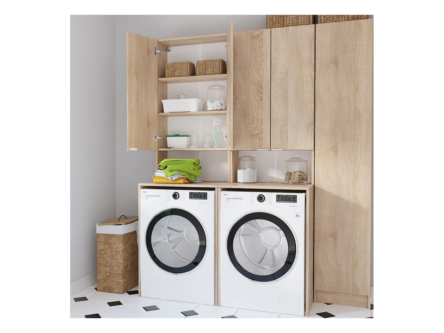 Hoge Kast voor Wasmachine en Droger – 210 x 65 x 56/25 cm – Sonoma Eiken – Diepte: 56 cm