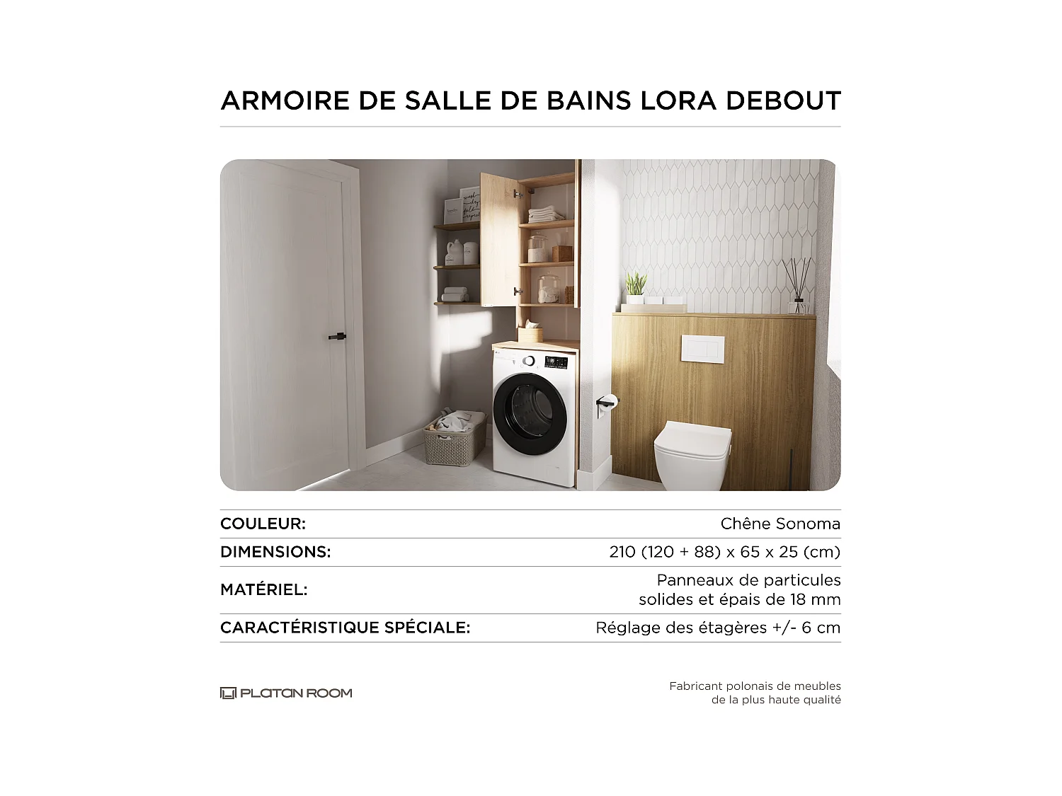 Hoge Kast voor Wasmachine en Droger – 210 x 65 x 56/25 cm – Sonoma Eiken – Diepte: 56 cm