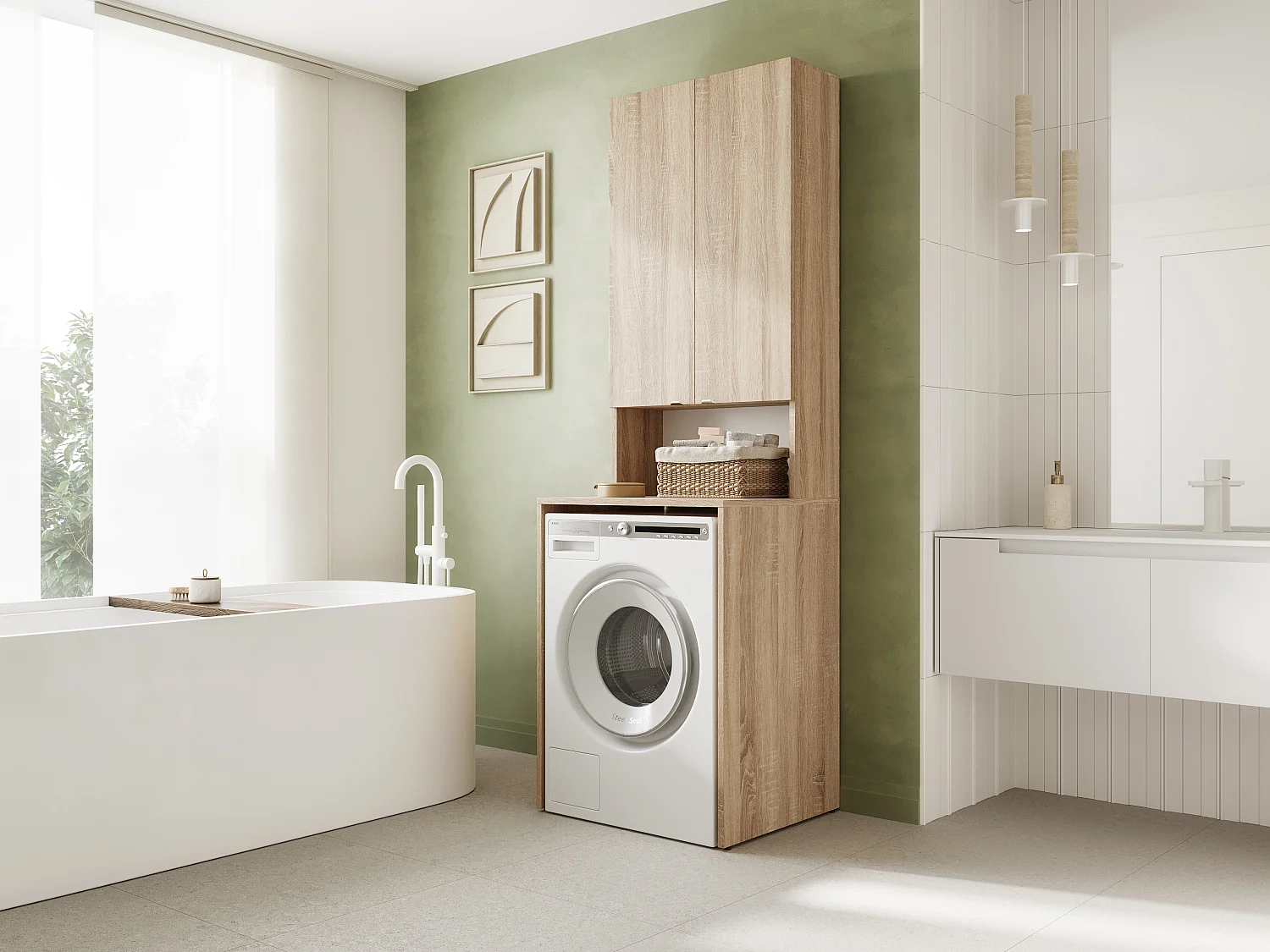 Armoire Haute pour Machine à Laver et sèche-Linge - 210 x 66 x 56/25 cm - Chene sonoma - Profondeur : 56 cm