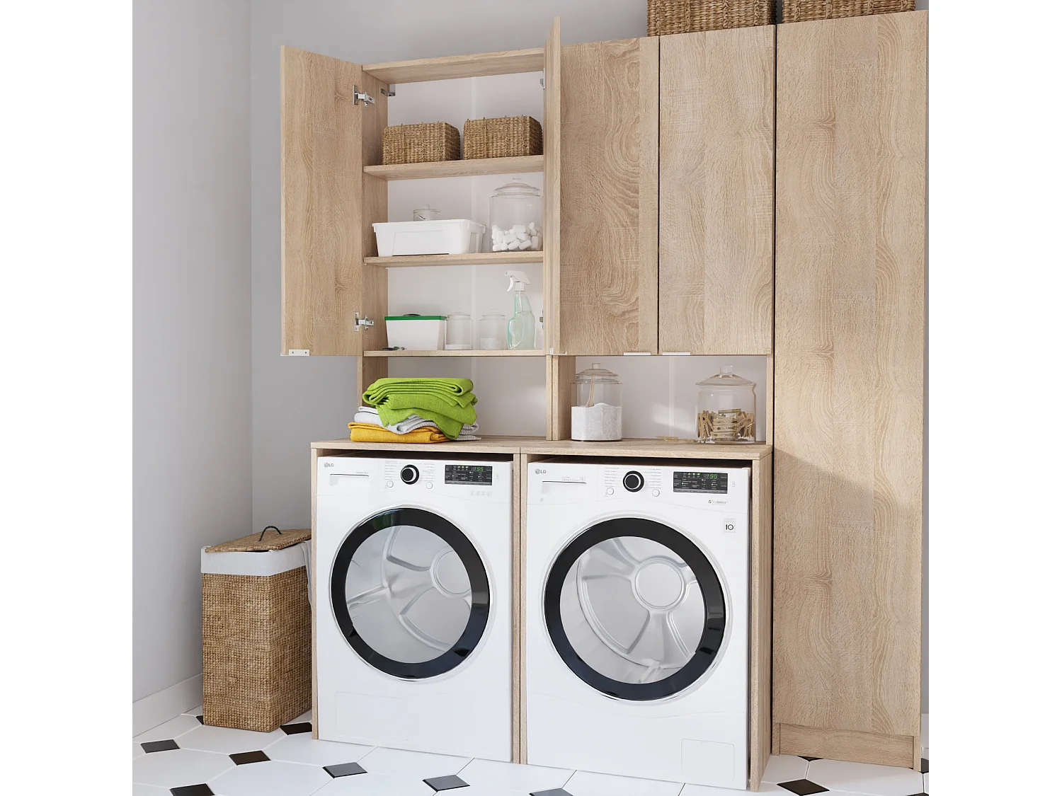 Armoire Haute pour Machine à Laver et sèche-Linge - 210 x 66 x 56/25 cm - Chene sonoma - Profondeur : 56 cm