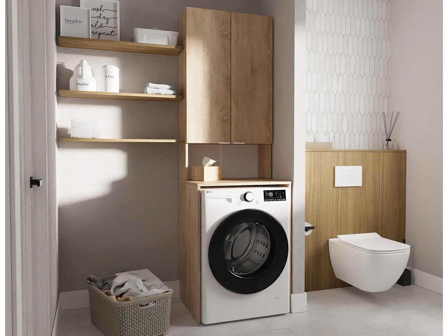 Armoire Haute pour Machine à Laver et sèche-Linge - 210 x 66 x 56/25 cm - Chene sonoma - Profondeur : 56 cm