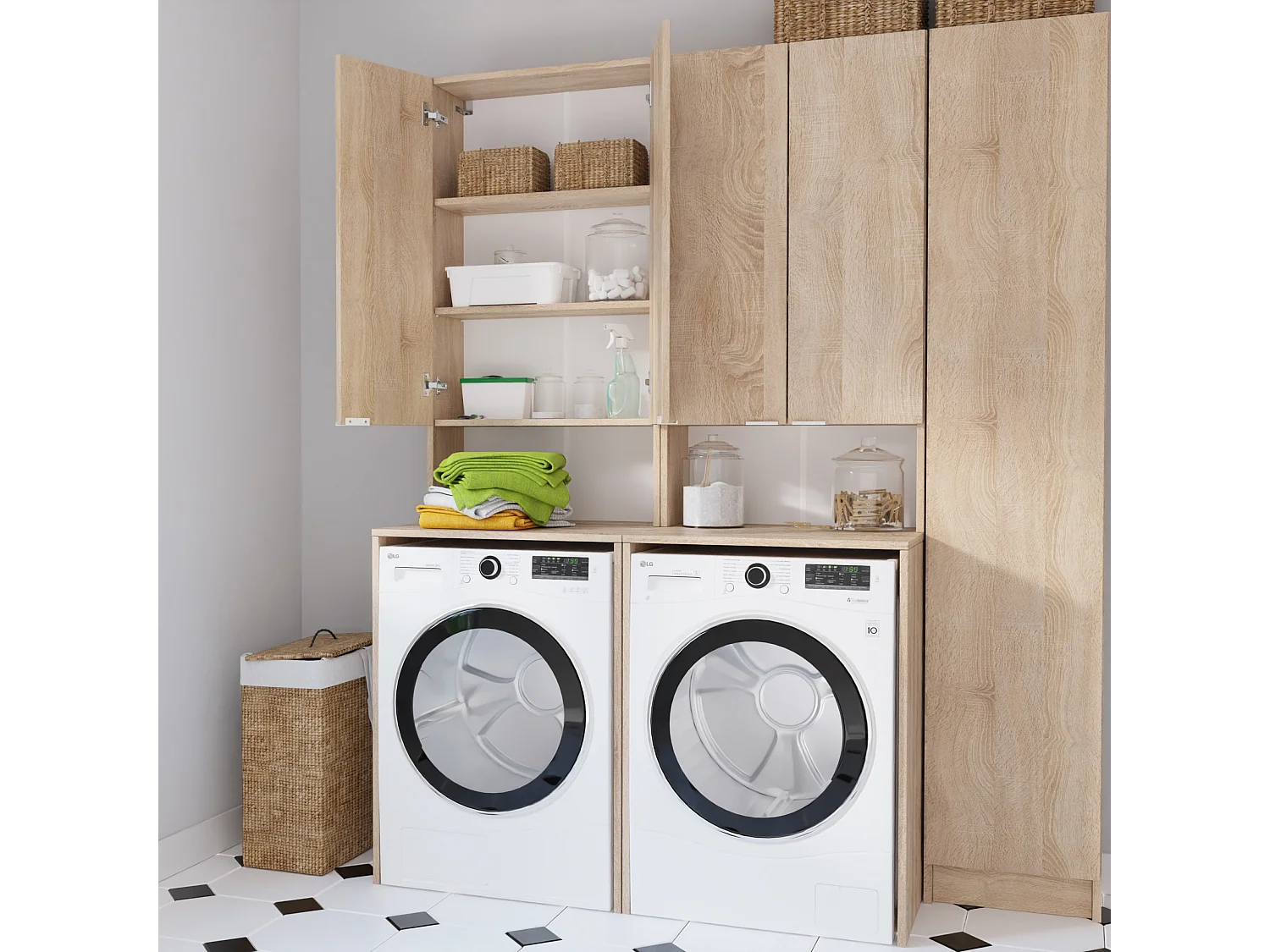 Armoire Haute pour Machine à Laver et sèche-Linge - 210 x 66 x 56/25 cm - Chene sonoma - Profondeur : 56 cm