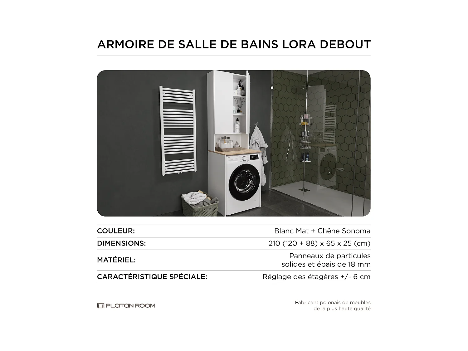 Armoire pour Machine À Laver Meuble De Rangement Salle De Bain 65 x 90 x 56 cm