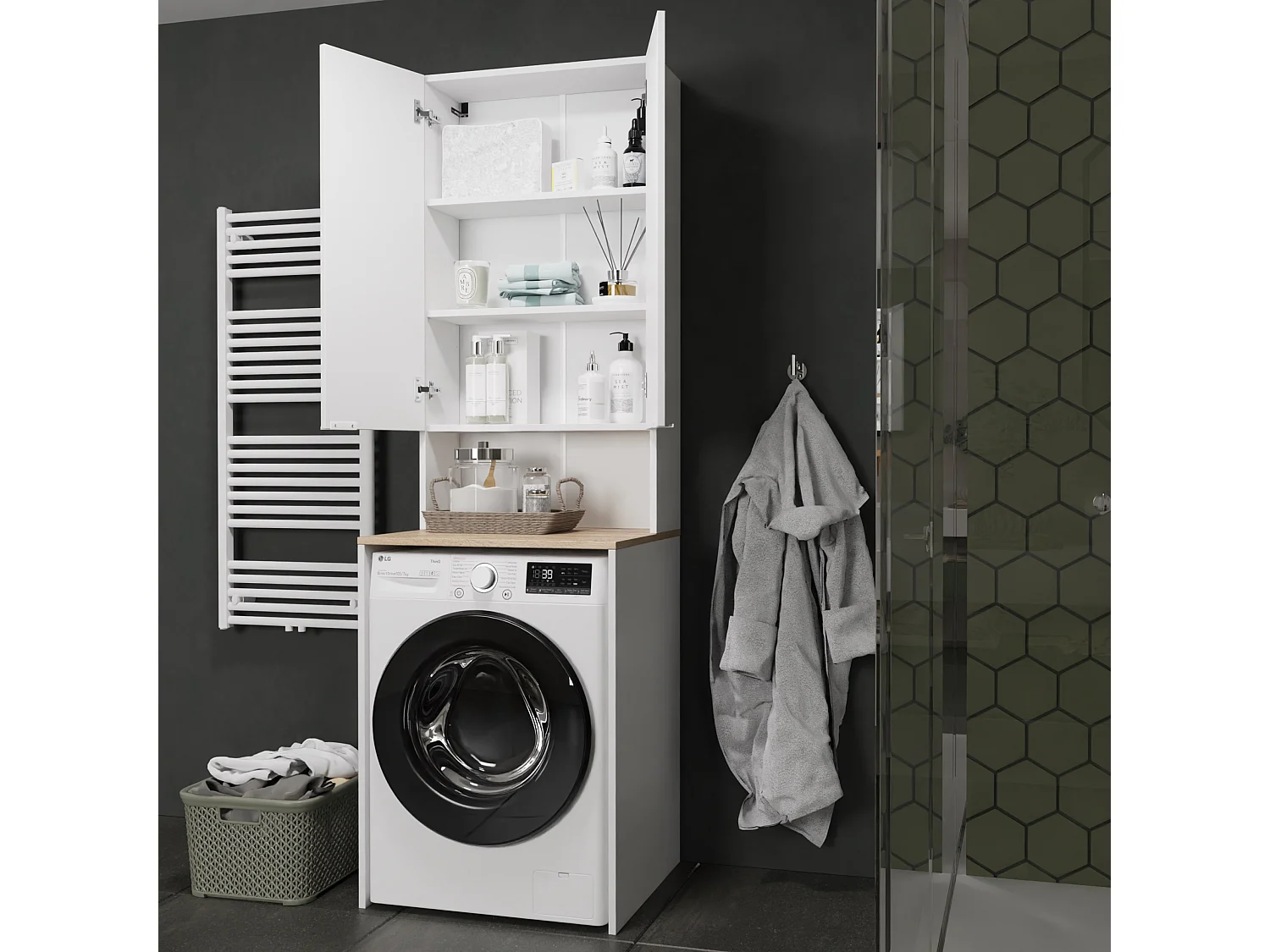 Armoire pour Machine À Laver Meuble De Rangement Salle De Bain 65 x 90 x 56 cm