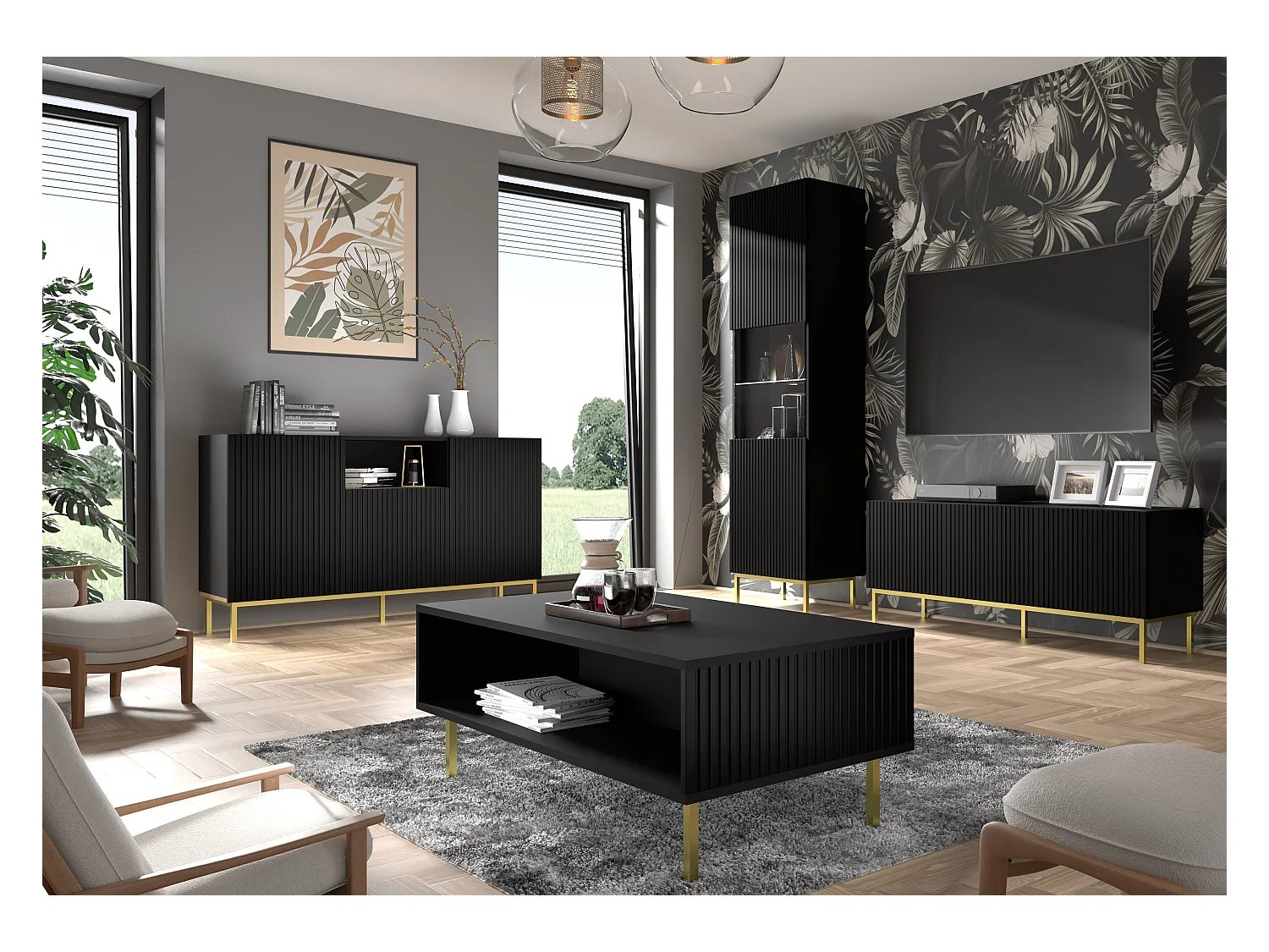 Meuble TV Ravenna B 150 cm MDF usiné 3D avec pieds épingles, finition plaquée