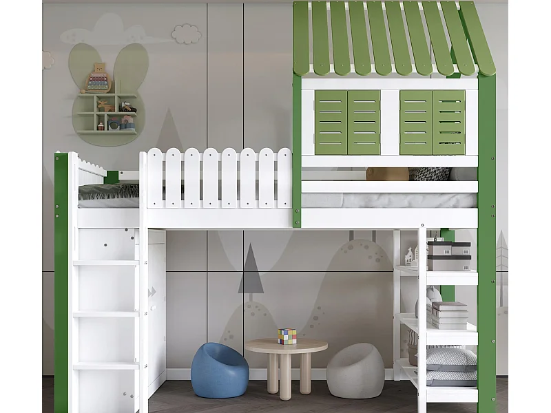 Łóżko antresolowe 90x200 cm - z otwartymi półkami i szafą - z barierką - kształt dachu - Biały + Zielony (bez materaca)