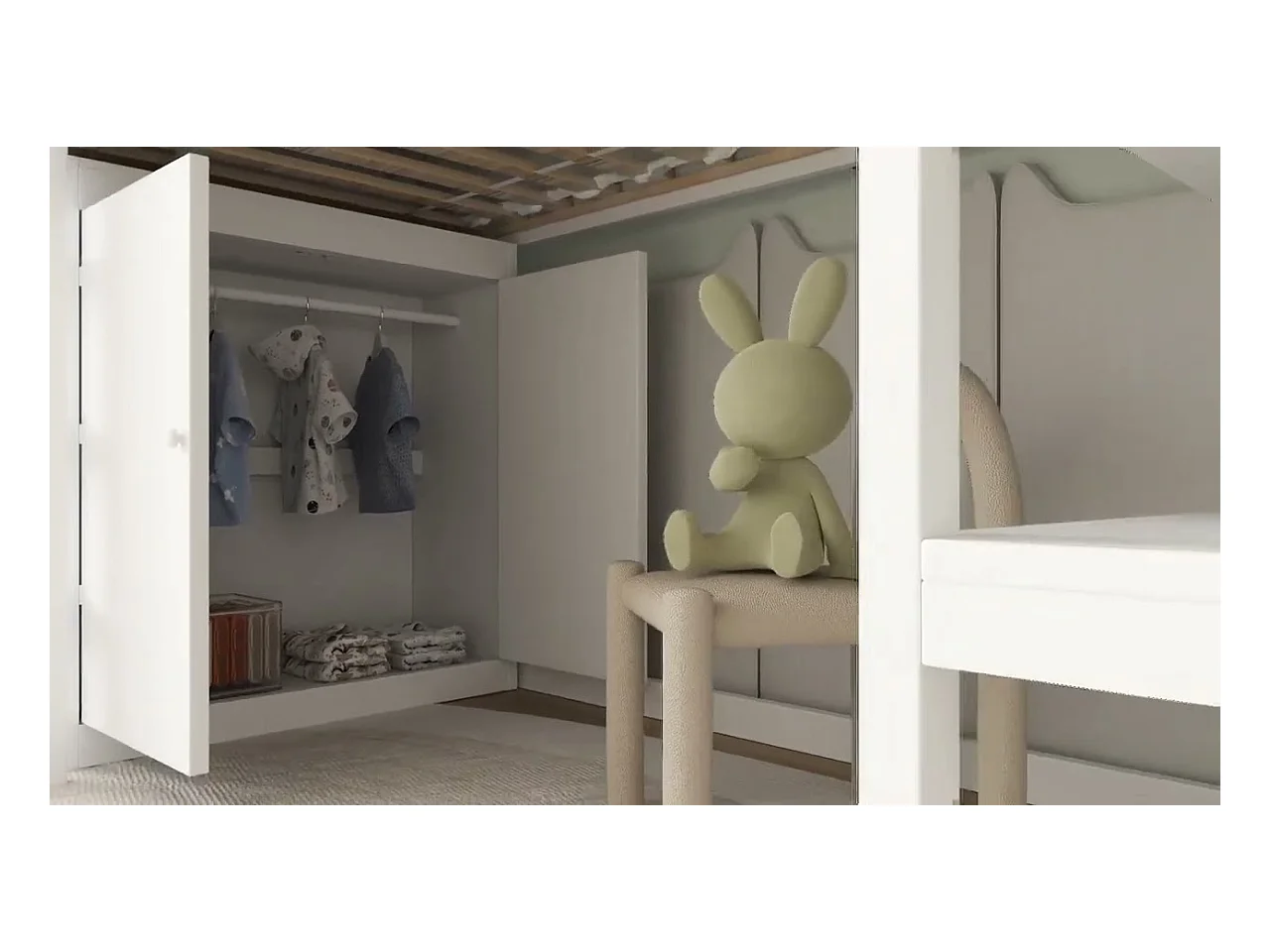 Lit mezzanine 90x200cm - avec étagères ouvertes et armoire - avec garde-corps - forme de toit - Blanc + Vert (sans matelas)