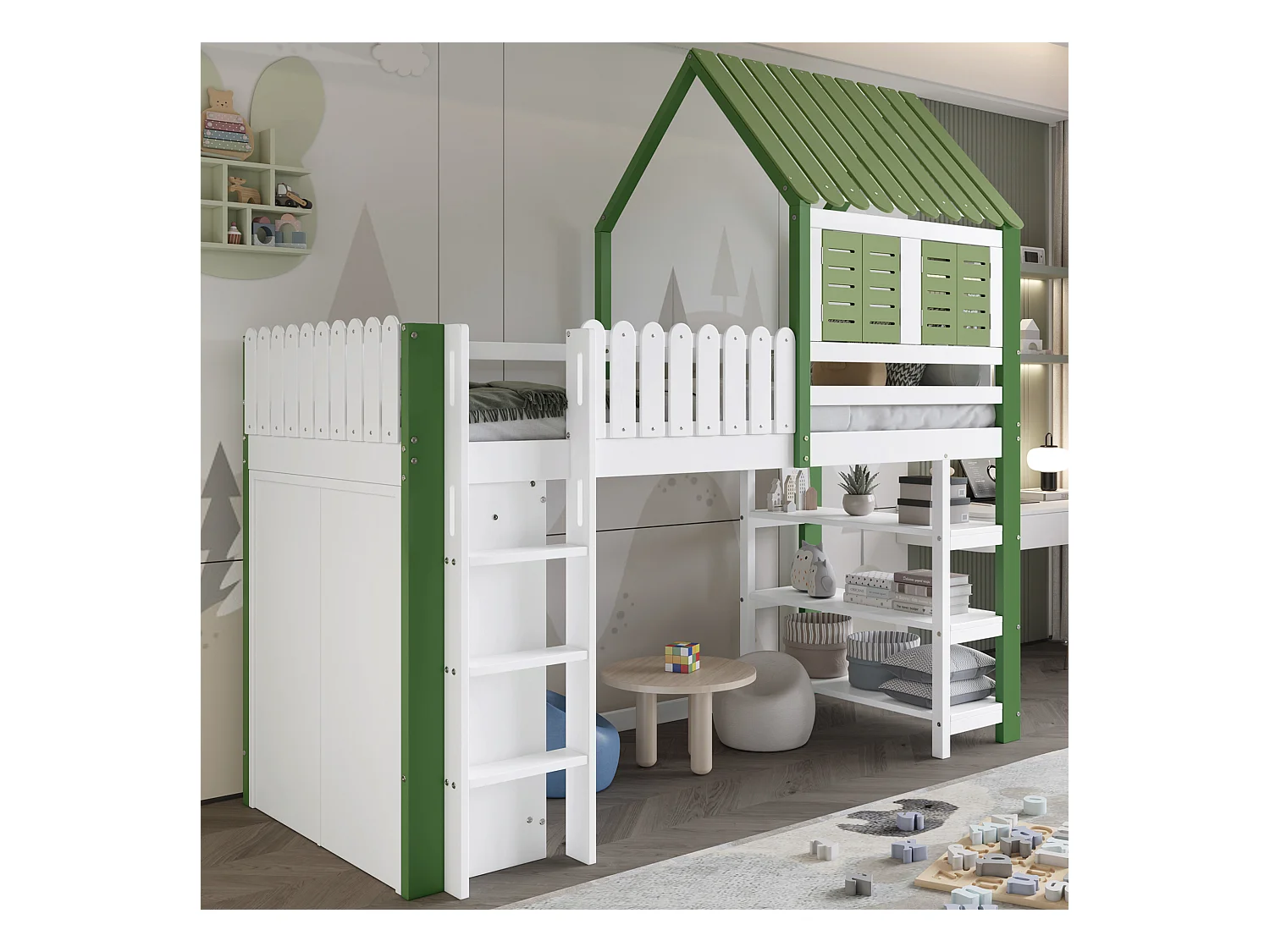 Lit mezzanine 90x200cm - avec étagères ouvertes et armoire - avec garde-corps - forme de toit - Blanc + Vert (sans matelas)