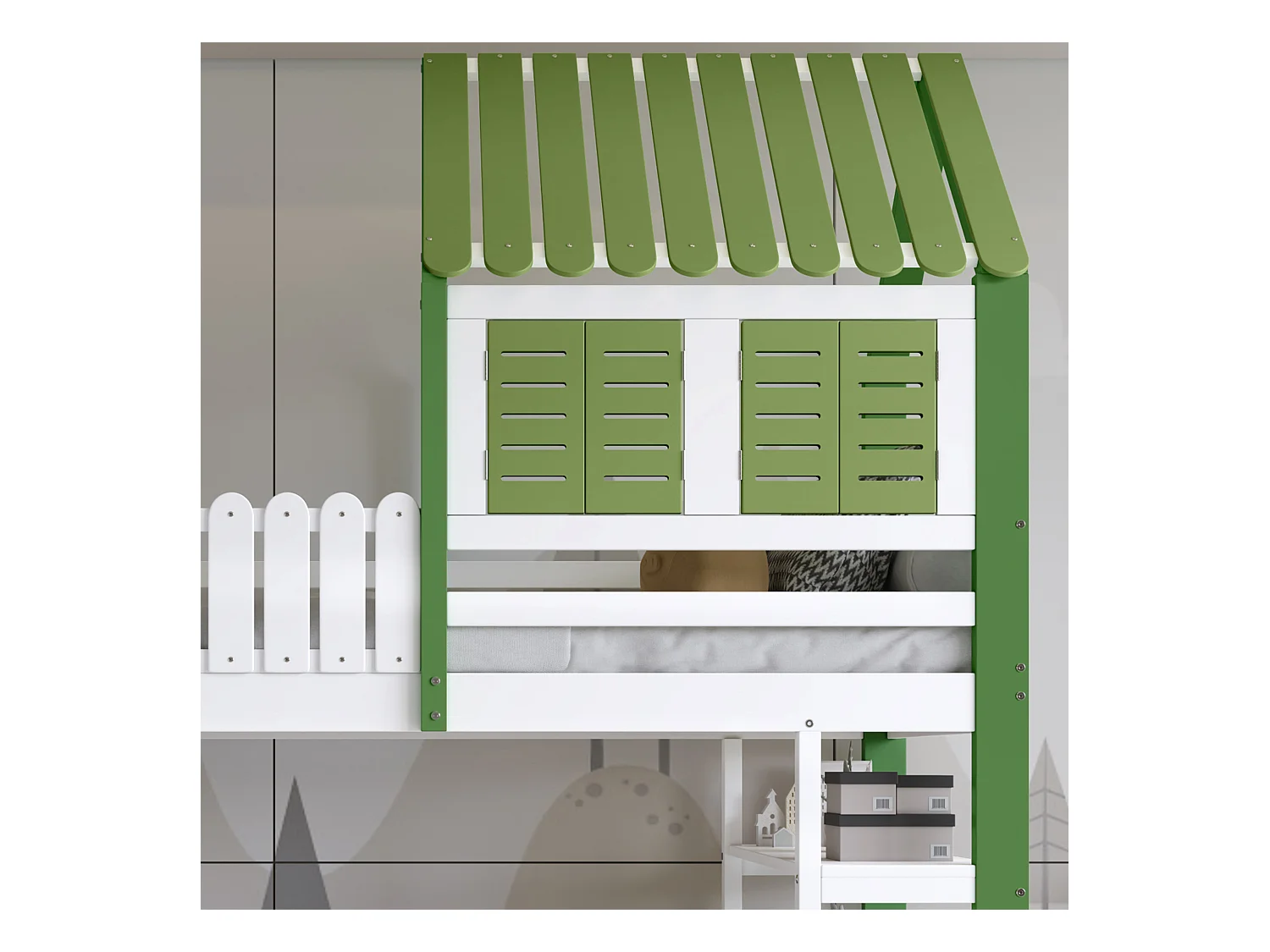 Lit mezzanine 90x200cm - avec étagères ouvertes et armoire - avec garde-corps - forme de toit - Blanc + Vert (sans matelas)