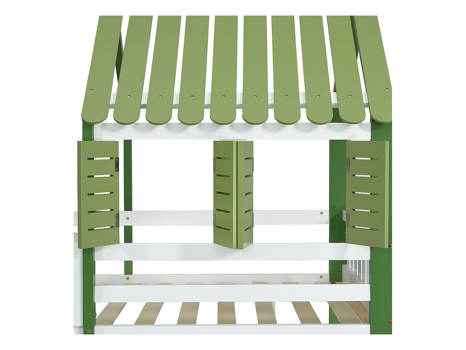 Lit mezzanine 90x200cm - avec étagères ouvertes et armoire - avec garde-corps - forme de toit - Blanc + Vert (sans matelas)