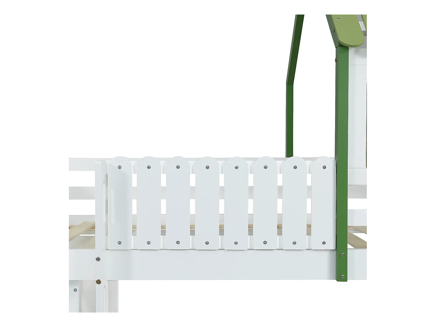 Lit mezzanine 90x200cm - avec étagères ouvertes et armoire - avec garde-corps - forme de toit - Blanc + Vert (sans matelas)