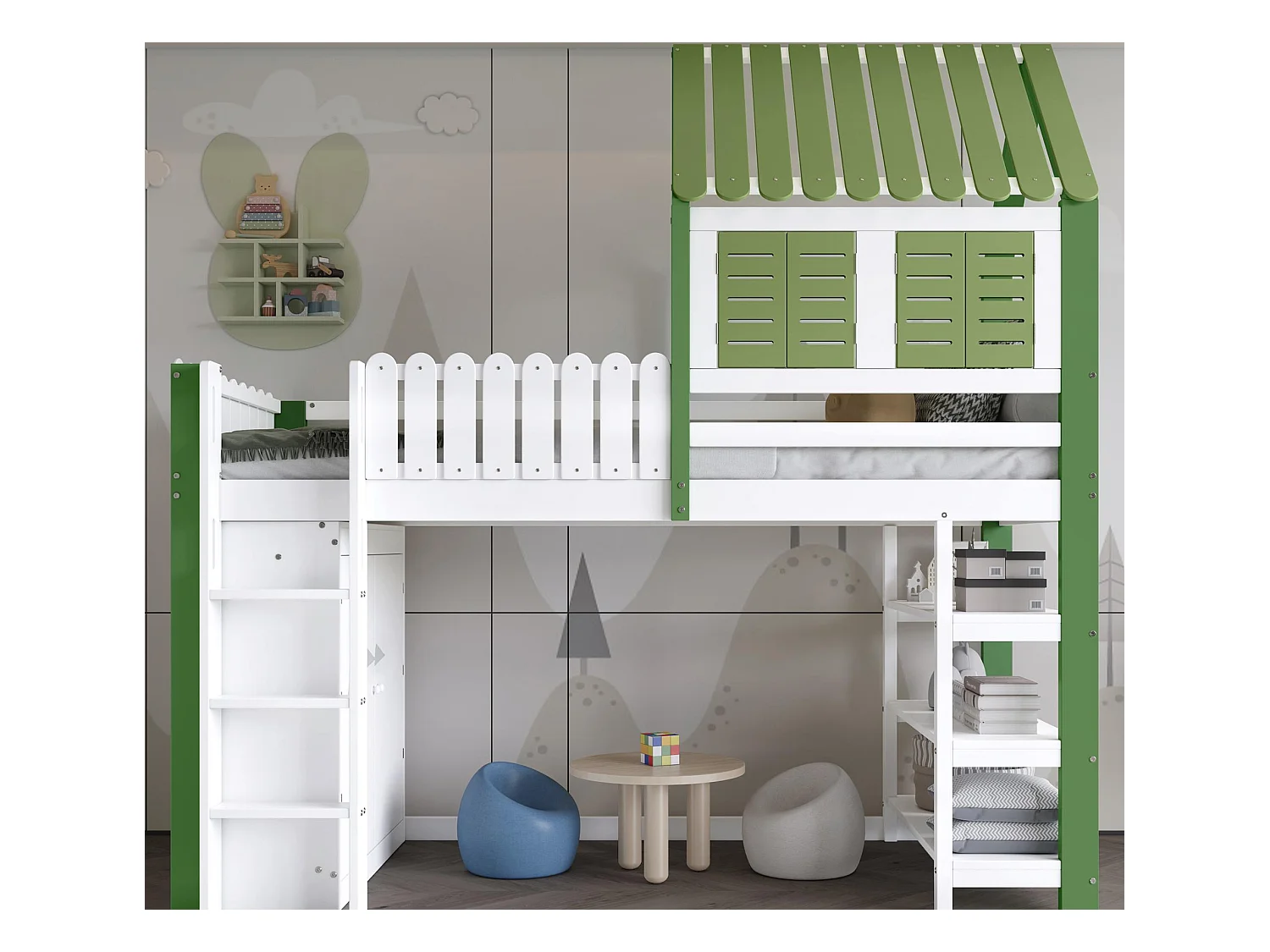 Hochbett 90x200 cm - mit offenen Regalen und Schrank - mit Schutzgitter - Dachform - Weiß + Grün (ohne Matratze)