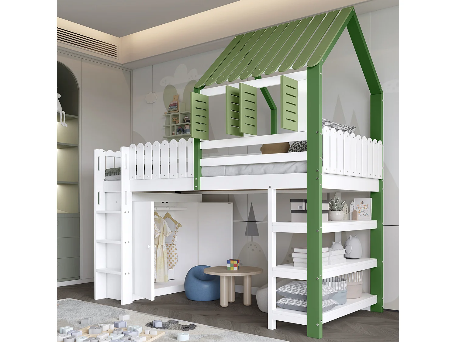 Hochbett 90x200 cm - mit offenen Regalen und Schrank - mit Schutzgitter - Dachform - Weiß + Grün (ohne Matratze)