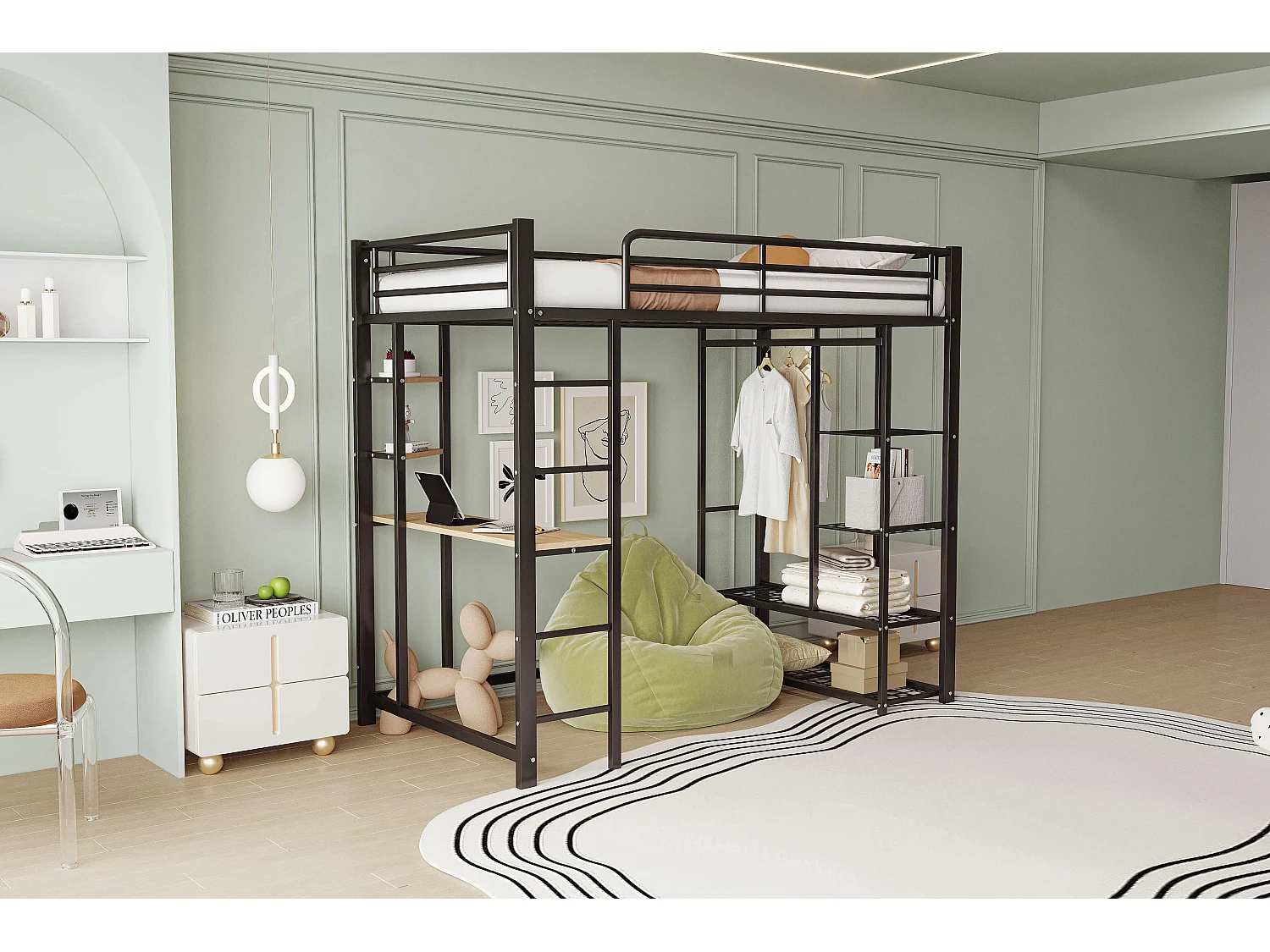 Lit mezzanine pour enfant - 90 x 200 cm - avec table + compartiments de rangement + échelle - MDF + Métal - noir