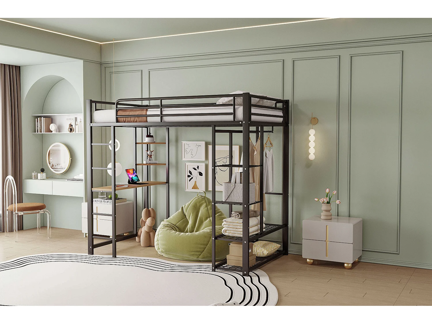 Lit mezzanine pour enfant - 90 x 200 cm - avec table + compartiments de rangement + échelle - MDF + Métal - noir