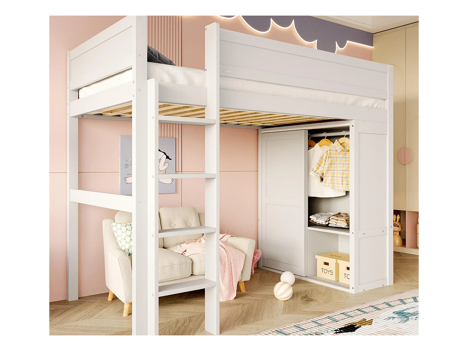 Lit mezzanine 90x200cm - avec penderie + rangements - espace ouvert sous le lit - blanc (sans matelas)