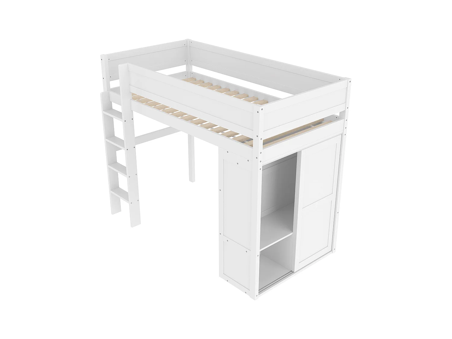 Lit mezzanine 90x200cm - avec penderie + rangements - espace ouvert sous le lit - blanc (sans matelas)