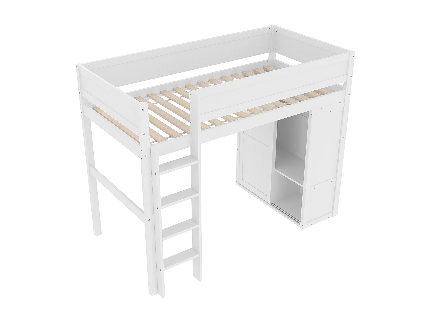 Lit mezzanine 90x200cm - avec penderie + rangements - espace ouvert sous le lit - blanc (sans matelas)