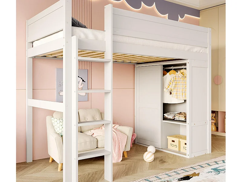 Lit mezzanine 90x200cm - avec penderie + rangements - espace ouvert sous le lit - blanc (sans matelas)