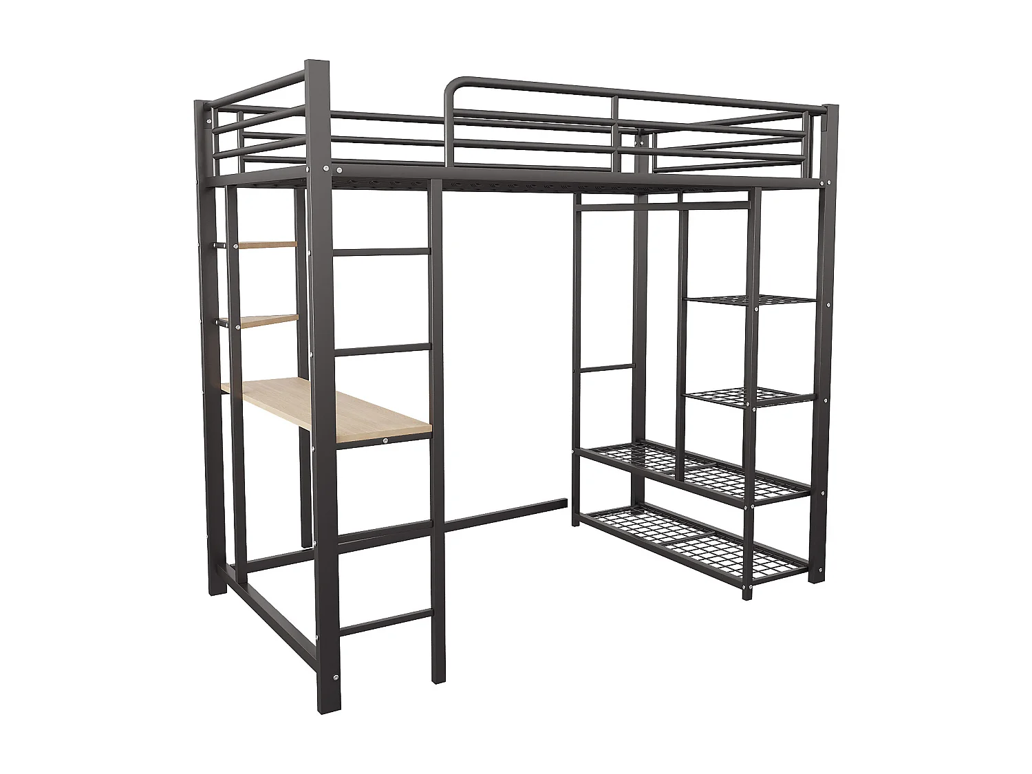 Lit mezzanine 90x200cm - avec table - avec rangements - avec échelle - noir (sans matelas)