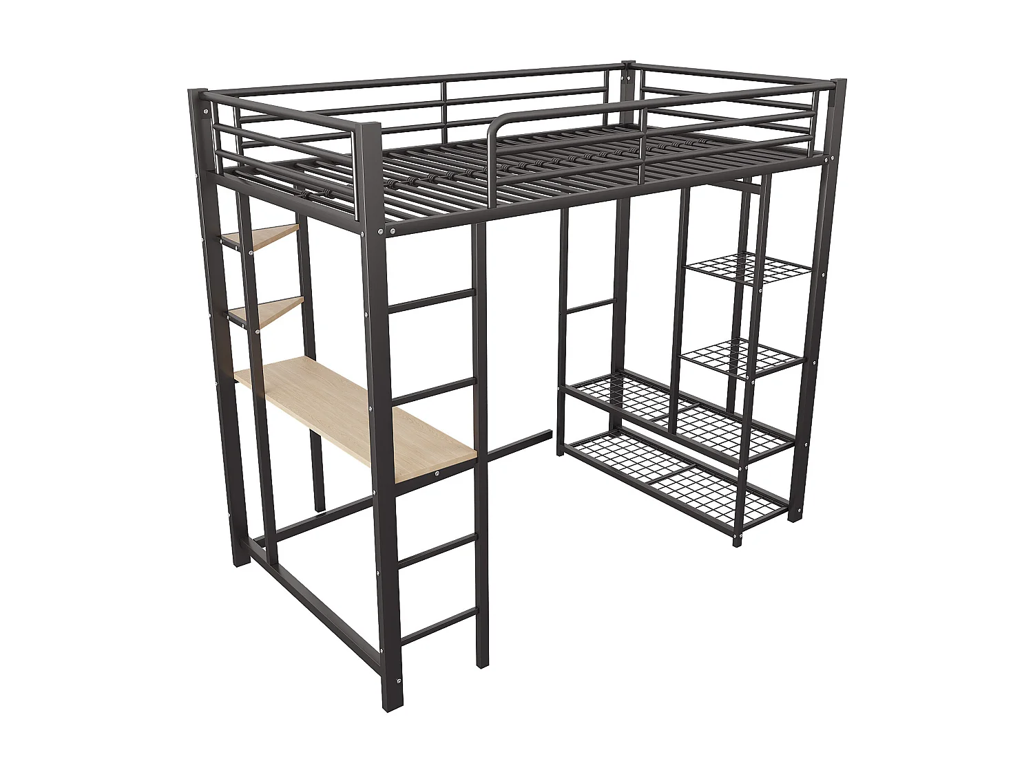 Lit mezzanine 90x200cm - avec table - avec rangements - avec échelle - noir (sans matelas)
