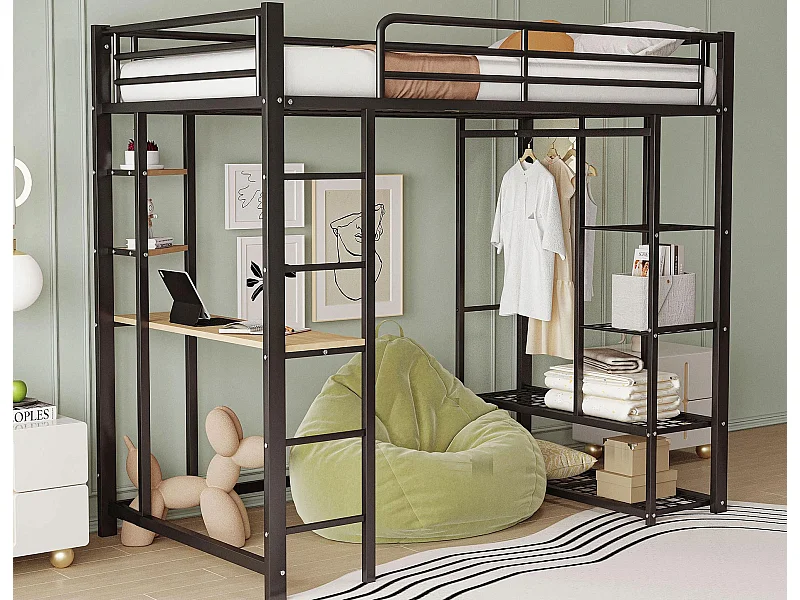 Lit mezzanine 90x200cm - avec table - avec rangements - avec échelle - noir (sans matelas)