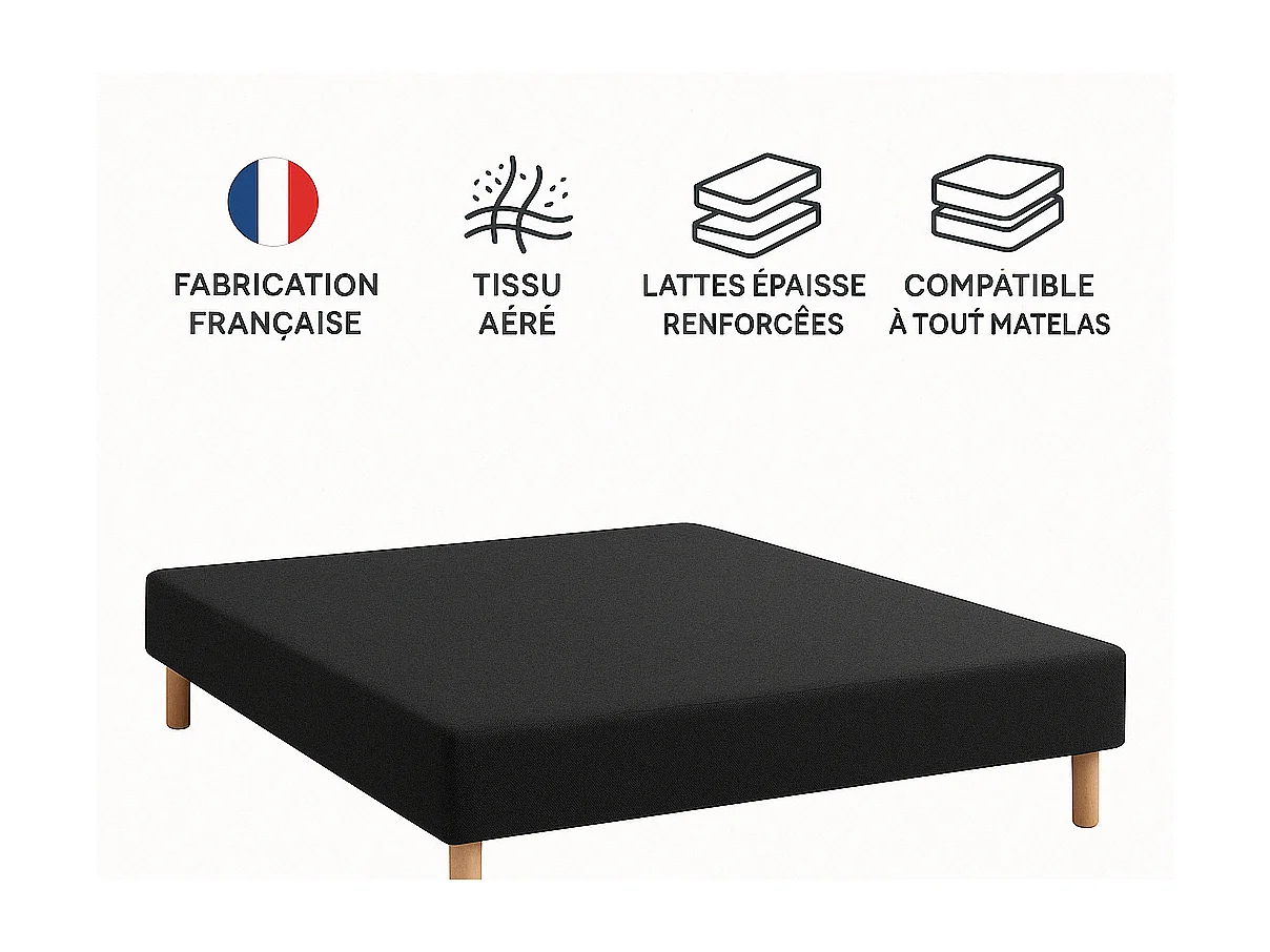 SOMMIER TAPISSIER NOIR 160x200 cm | FABRICATION FRANÇAISE ARTISANALE | PIEDS OFFERTS | HAUTEUR avec PIEDS 27 cm