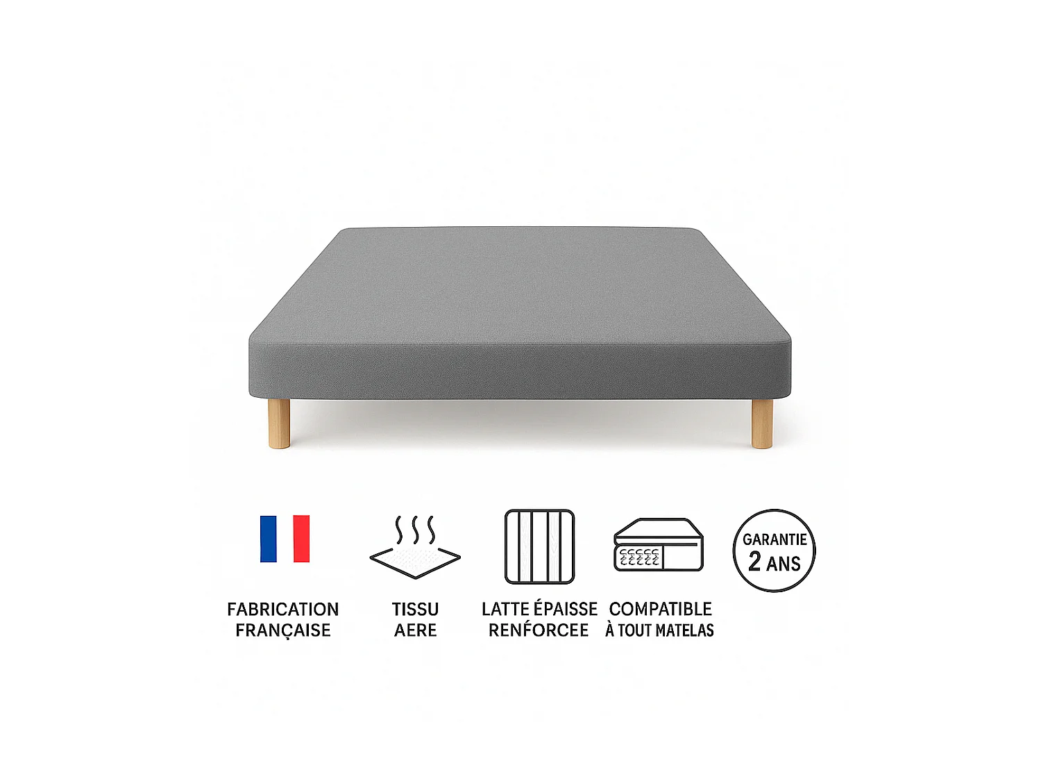 Sommier tapissier gris 160x200cm Fabrication Française + pieds offerts