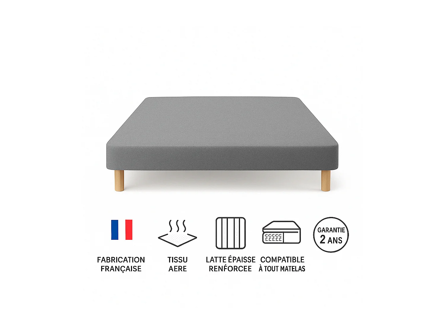 Sommier tapissier gris 160x200cm Fabrication Française + pieds offerts