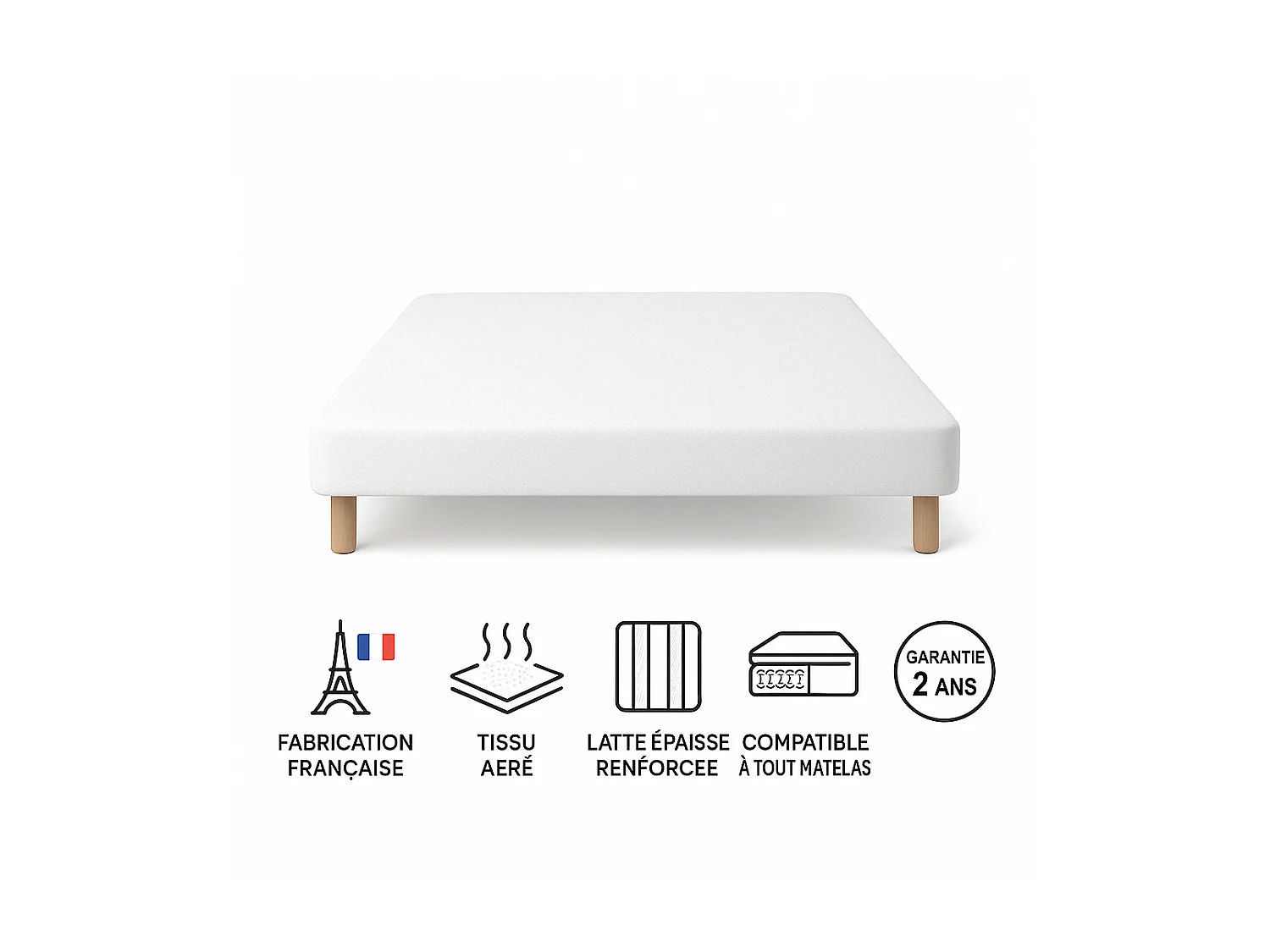 SOMMIER TAPISSIER BLANC 140x200 cm | FABRICATION FRANÇAISE ARTISANALE | PIEDS OFFERTS | HAUTEUR avec PIEDS 27 cm