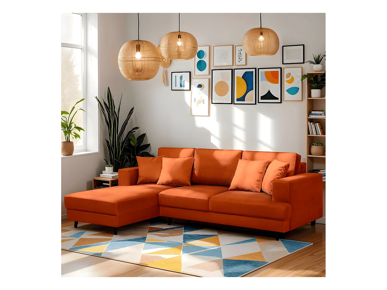 Canapé d'angle gauche convertible 4 places en velours rouille - Marceau