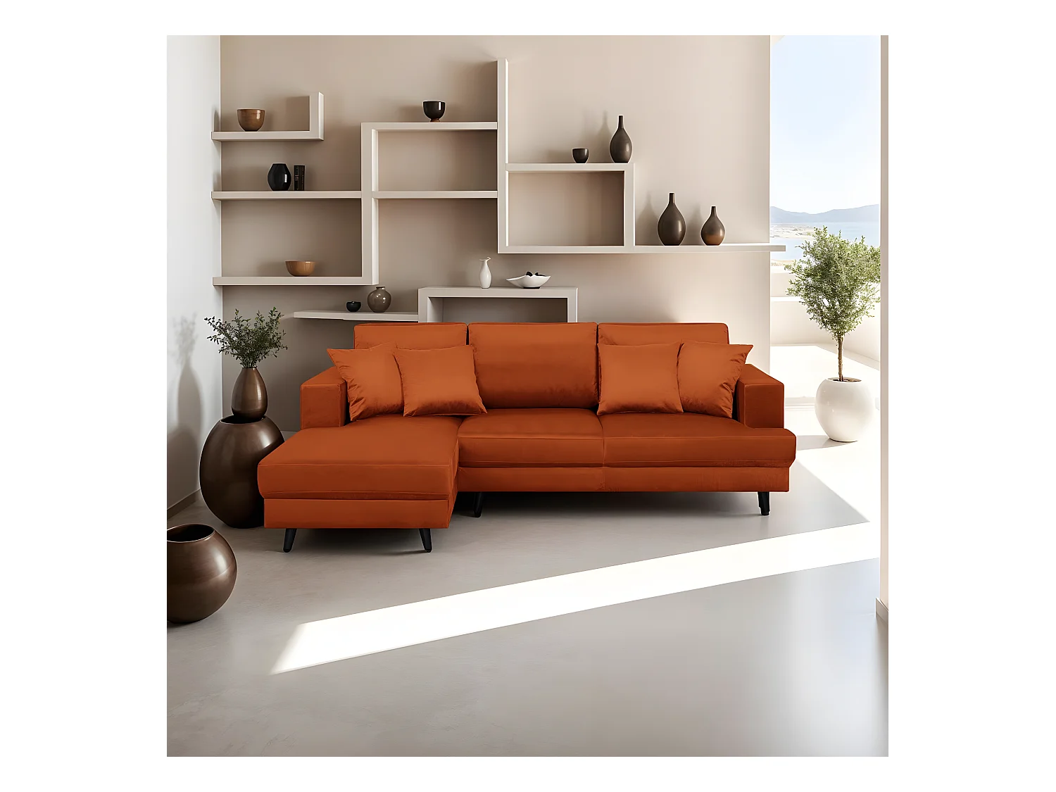 Canapé d'angle gauche convertible 4 places en velours rouille - Marceau