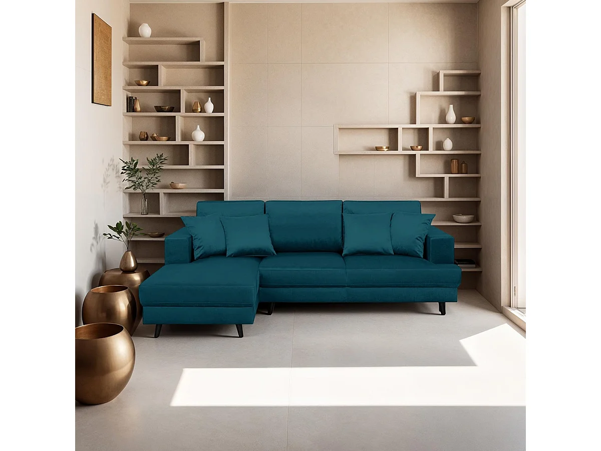 Canapé d'angle gauche convertible 4 places en velours bleu canard - Marceau