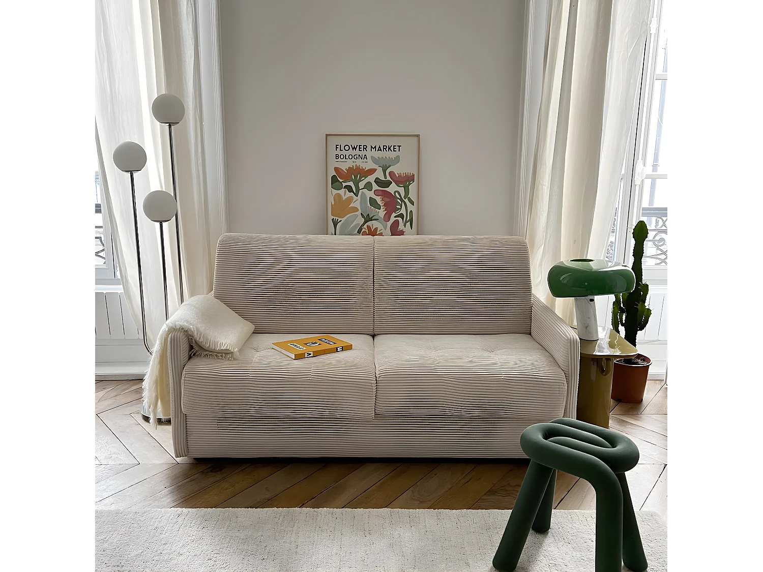 Canapé convertible 3 places en velours côtelé beige - Ouverture express - Couchage quotidien - Matelas HD 140 x 190 - Sienne