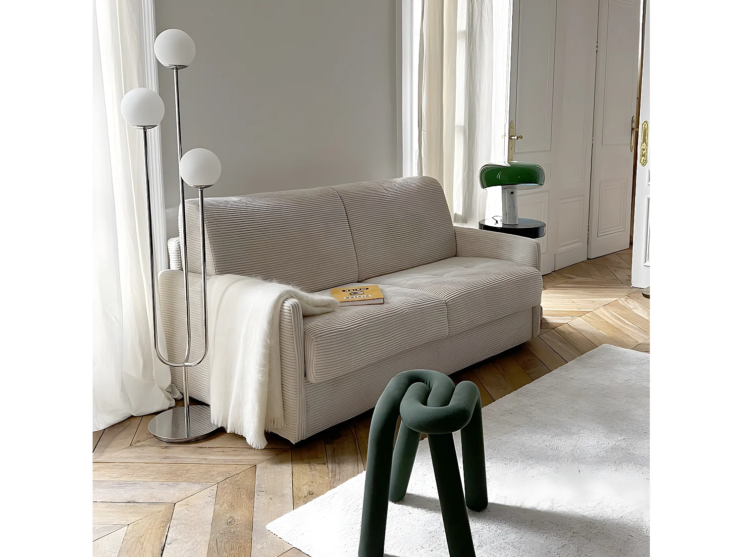 Canapé convertible 3 places en velours côtelé beige - Ouverture express - Couchage quotidien - Matelas HD 140 x 190 - Sienne