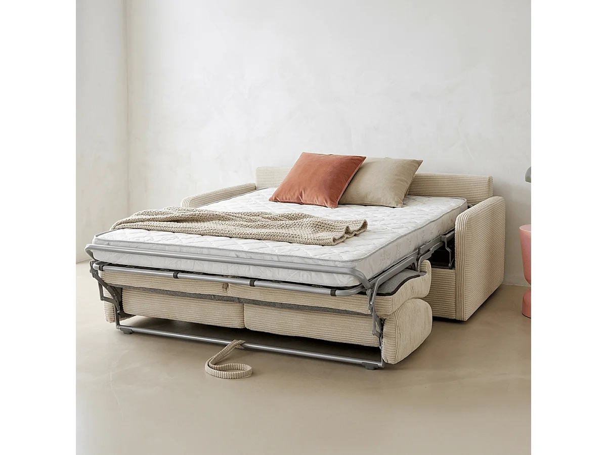 Canapé convertible 3 places en velours côtelé beige - Ouverture express - Couchage quotidien - Matelas HD 140 x 190 - Sienne